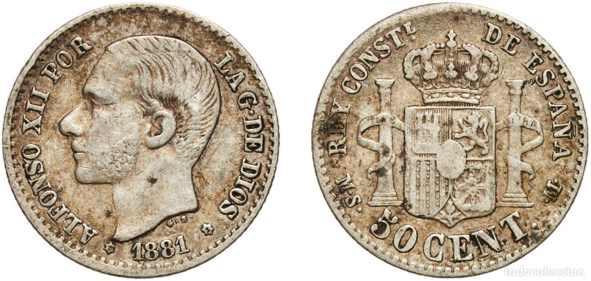 Monedas de Espa&ntilde;a: Spain Kingdom 1881 8-1 MSM 50 Centimos - Alfonso XII Silver (.835) Madrid Mint (5647000) 2.41g XF