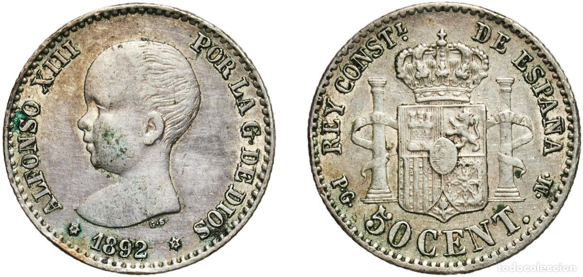 Monedas de Espa&ntilde;a: Spain Kingdom 1892 8-2 PGM 50 Centimos - Alfonso XIII (1st portrait) Silver (.835) Madrid Mint 2.5
