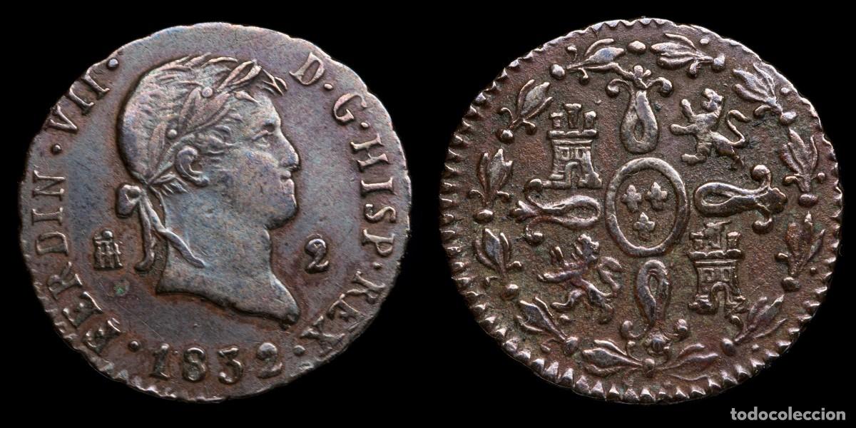 Monedas de Espa&ntilde;a: 1832, 2 Maravedis Ferdinand VII, Segovia Mint - 19 mm / 2,41 gr.