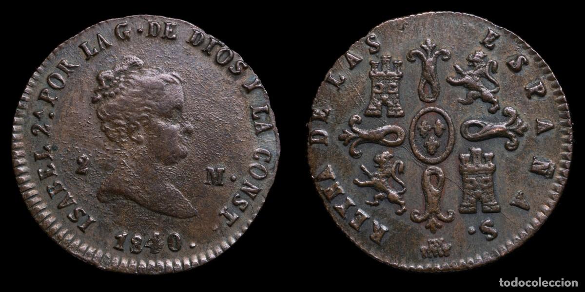Monedas de Espa&ntilde;a: 1840, 2 Maravedis Isabella II, Segovia Mint - 19 mm / 2,10 gr.