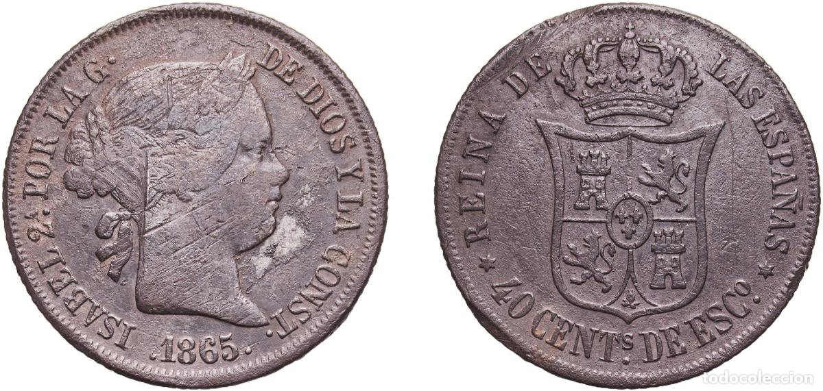 Monedas de Espa&ntilde;a: Spain Kingdom 1865 40 Centimos de Escudo - Isabel II Silver (.810) Madrid Mint 4.9g VF KM 628.2 Cal