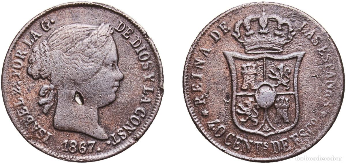 Monedas de Espa&ntilde;a: Spain Kingdom 1867 40 Centimos de Escudo - Isabel II &rdquo;A contemporary counterfeit, made of copper&rdquo; C
