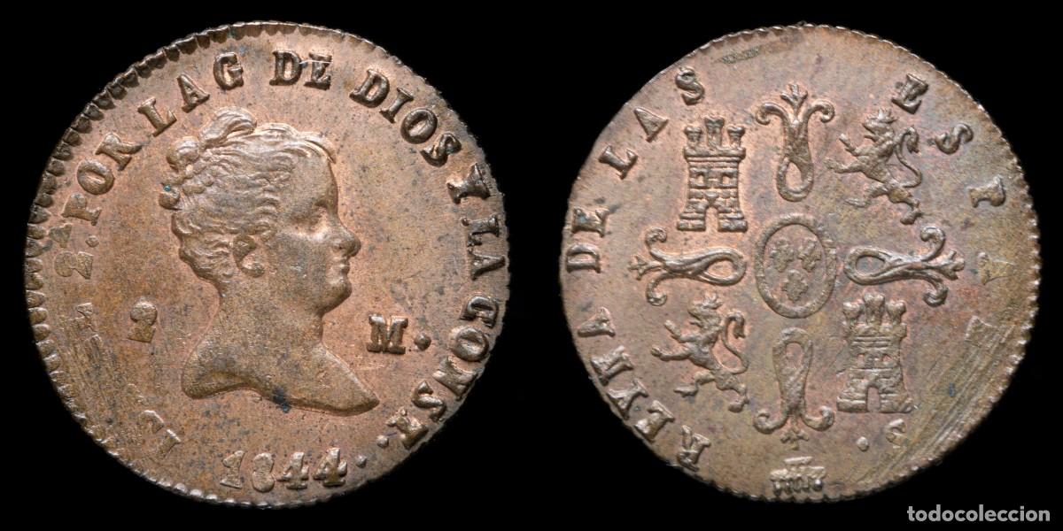 Monedas de Espa&ntilde;a: 1844, 2 Maravedis Isabella II, Segovia Mint - 19 mm / 2,12 gr.