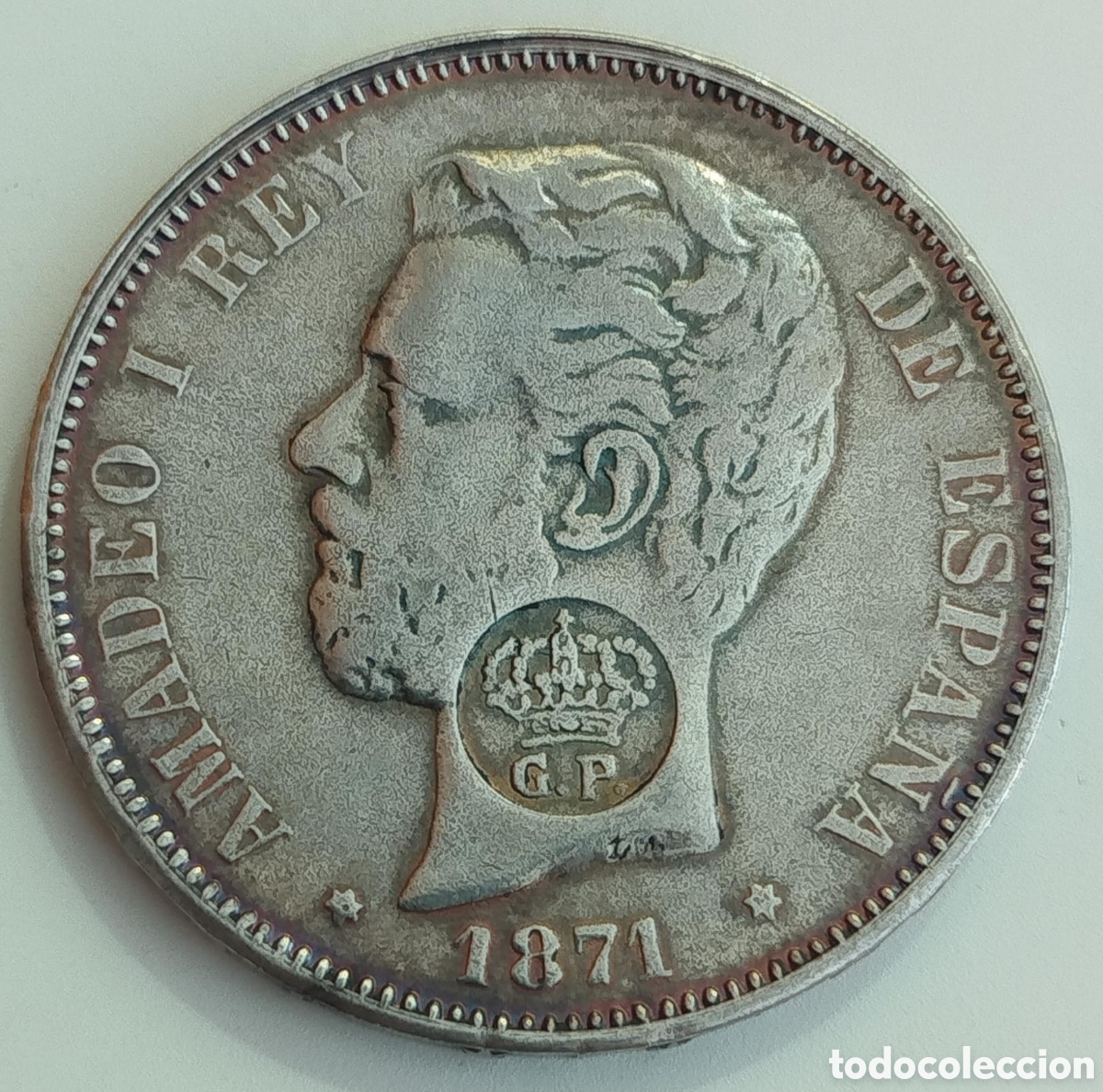 Monedas de Espa&ntilde;a: Moneda 5 Pesetas de Plata - Amadeo I (1871) con Resello &rdquo;G.P. Coronado&rdquo; - Falsa