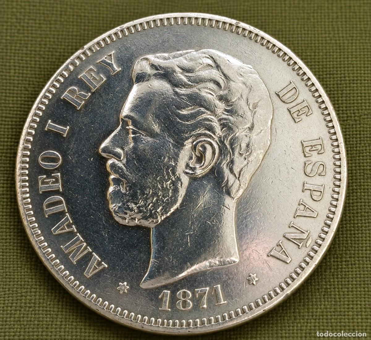 Monedas de Espa&ntilde;a: DURO DE PLATA DE AMADEO I 1871, ESTRELLAS VISIBLES 18/71 en estado MBC