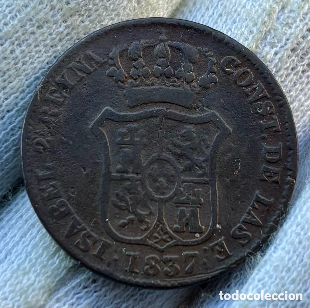Monedas de Espa&ntilde;a: Moneda 3 Cuartos 1837 Catalu&ntilde;a . Isabel II