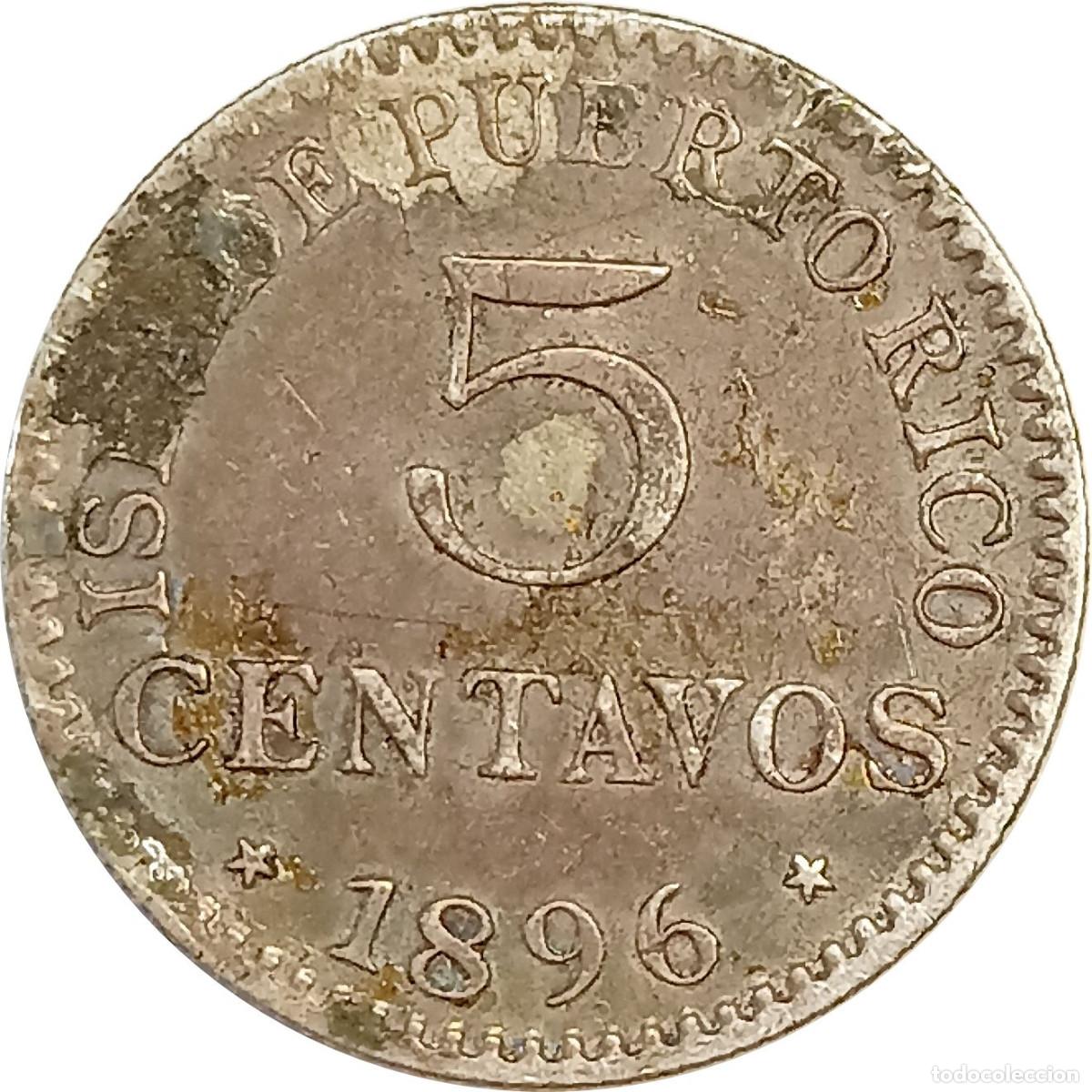 Monedas de Espa&ntilde;a: Puerto Rico. Moneda de 5 Centavos de 1896 P.G. V. (Alfonso XIII). KM# 20.