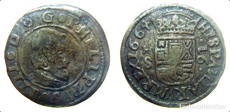 Monedas de Espa&ntilde;a: Moneda de Felipe IV 16 maravedis 1664 Madrid S