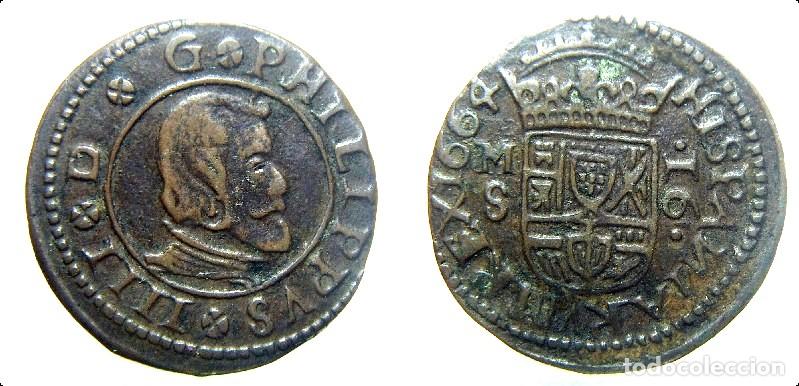Monedas de Espa&ntilde;a: Moneda de Felipe IV 16 maravedis 1664 Madrid S