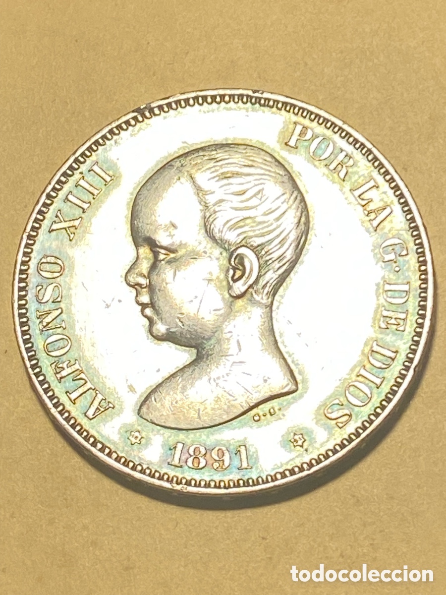 Monedas de Espa&ntilde;a: Moneda de plata de 5 pts. Del rey Alfonso Xlll del a&ntilde;o 1891 PGM.