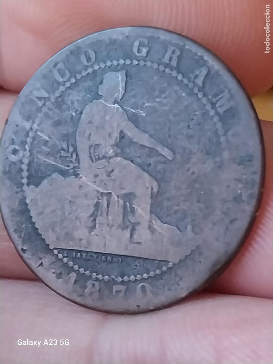 Monedas de Espa&ntilde;a: 1870 PRIMERA REPUBLICA CINCO 5 CENTIMOS CTS MONEDA ORIGINAL MUY DESGASTADA
