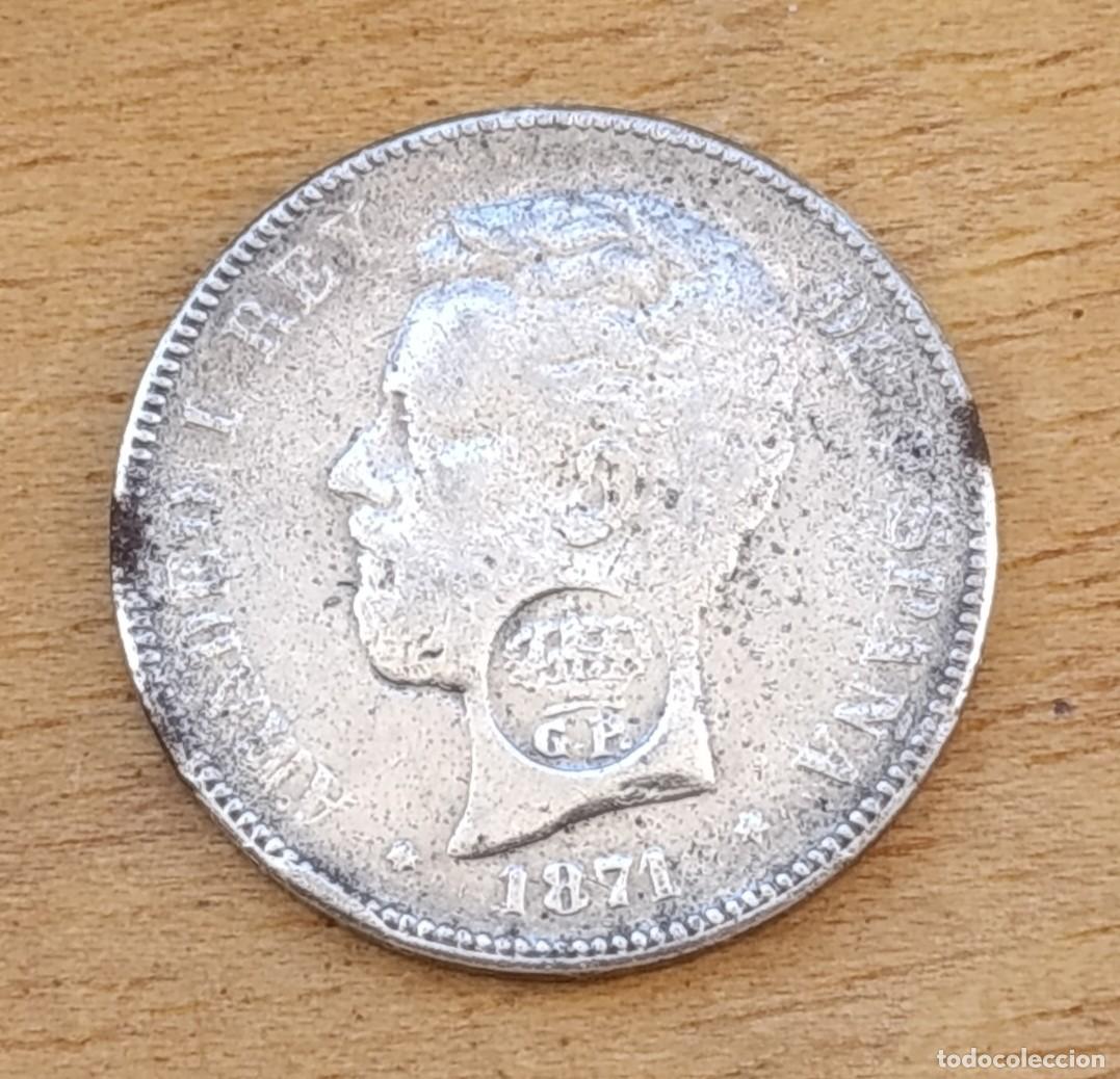 Monedas de Espa&ntilde;a: Moneda 5 Pesetas 1871 Amadeo I Plata - Resello G.P. (GP / Azores / Gobierno Provisional)
