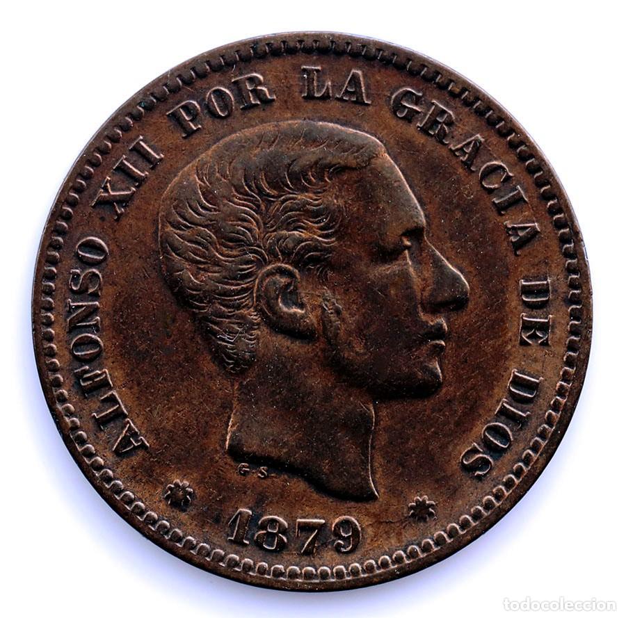 Monedas de Espa&ntilde;a: SC-Spain-Alfonso XII. 5 C&eacute;ntimos 1879. Barcelona. MBC+/VF+. Cobre 5 g.