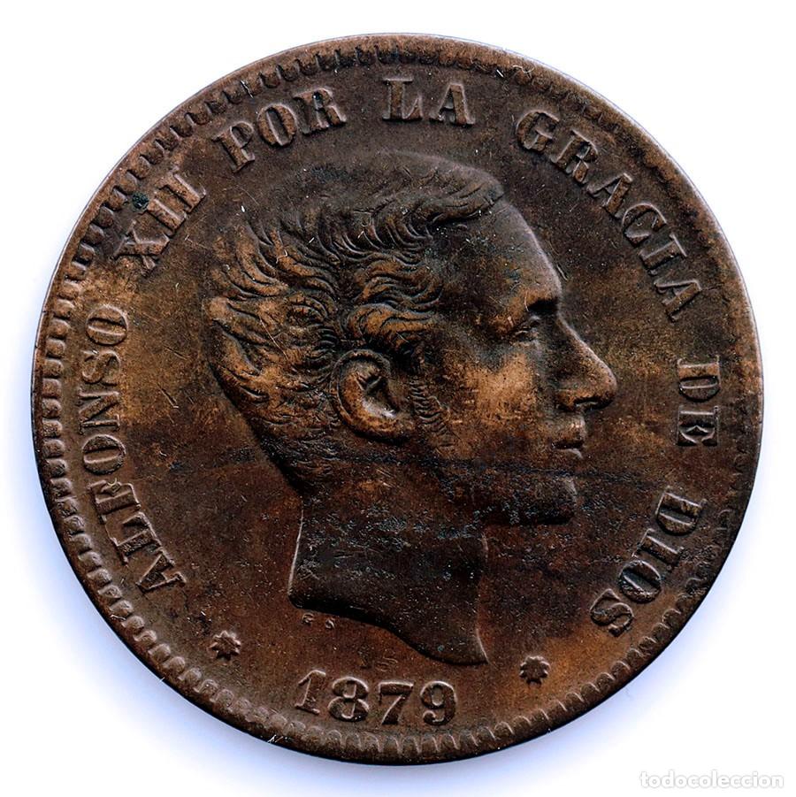 Monedas de Espa&ntilde;a: SC-Alfonso XII - 10 C&eacute;ntimos 1879 OM. Barcelona MBC+/VF+. Cobre 9,7 g.