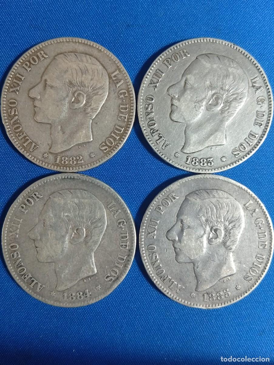 Monedas de Espa&ntilde;a: 4 duros de plata 900, de 5 ptas, Alfonso XII. a&ntilde;os: 1882,1883,1884 y 1885