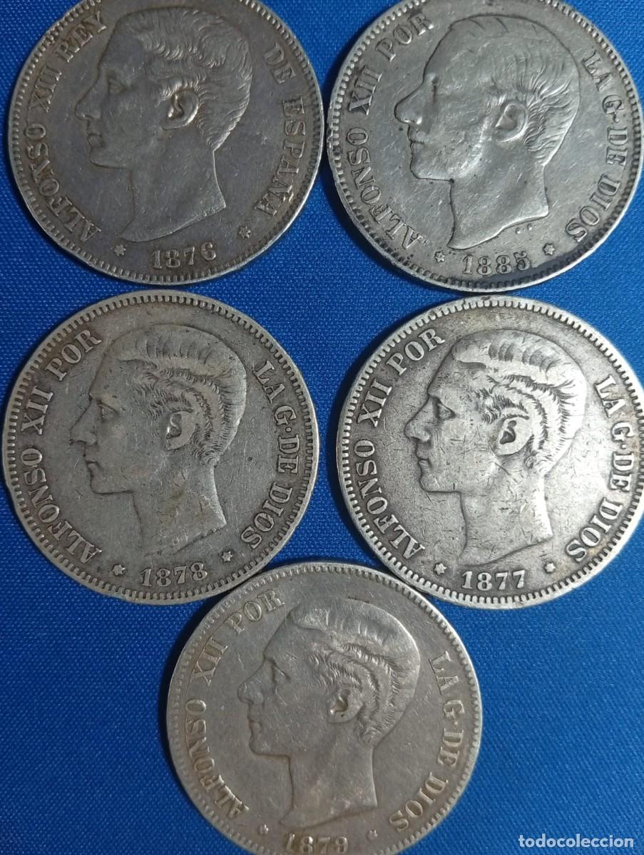 Monedas de Espa&ntilde;a: 5 Duros de plata 900, de 5 ptas, Alfonso XII. a&ntilde;os: 1876, 1877, 1878, 1879 y 1885.