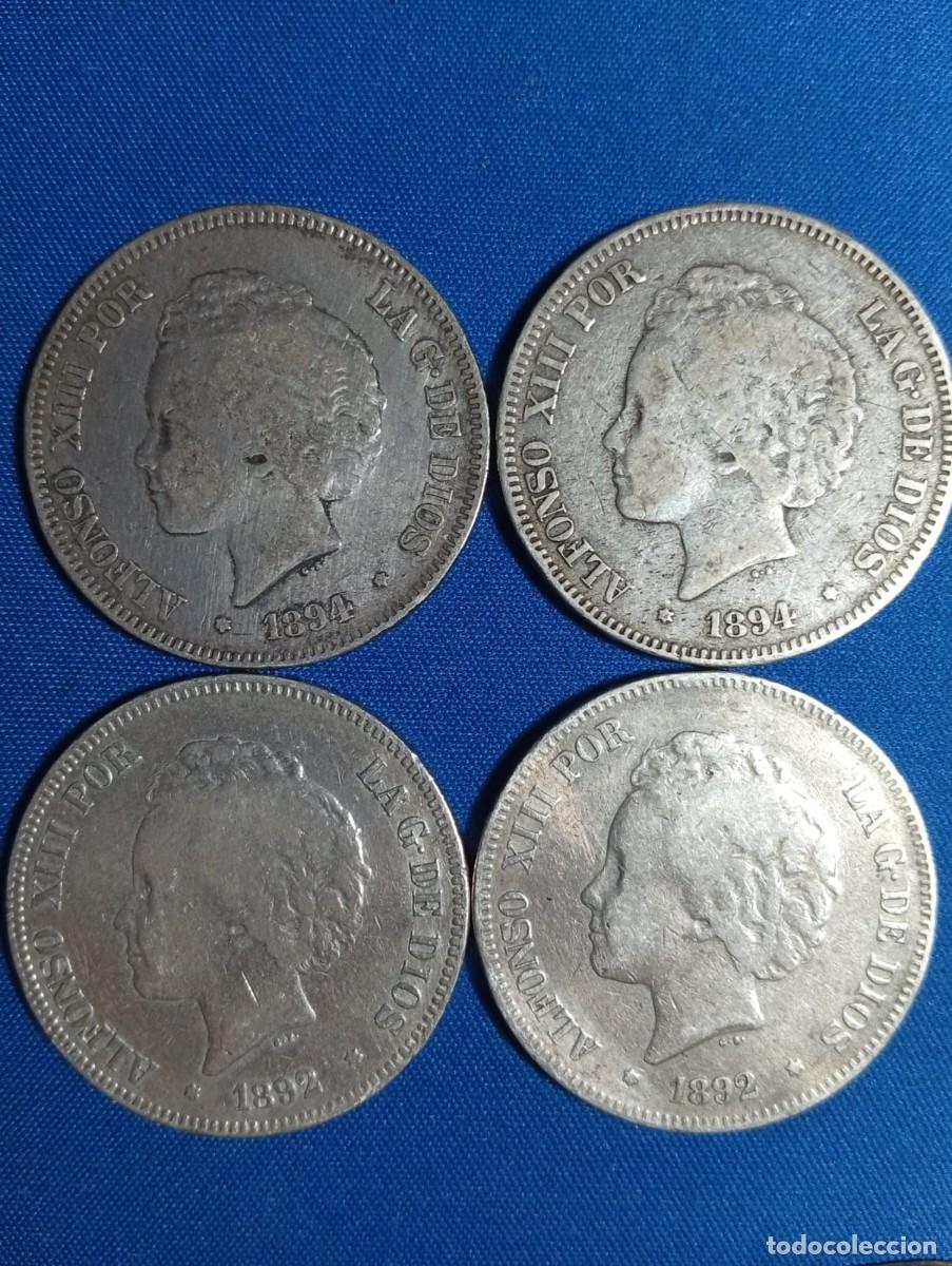 Monedas de Espa&ntilde;a: 4 Duros de plata, de 5 ptas Alfonso XIII, a&ntilde;os: 1892(2) y 1894(2)