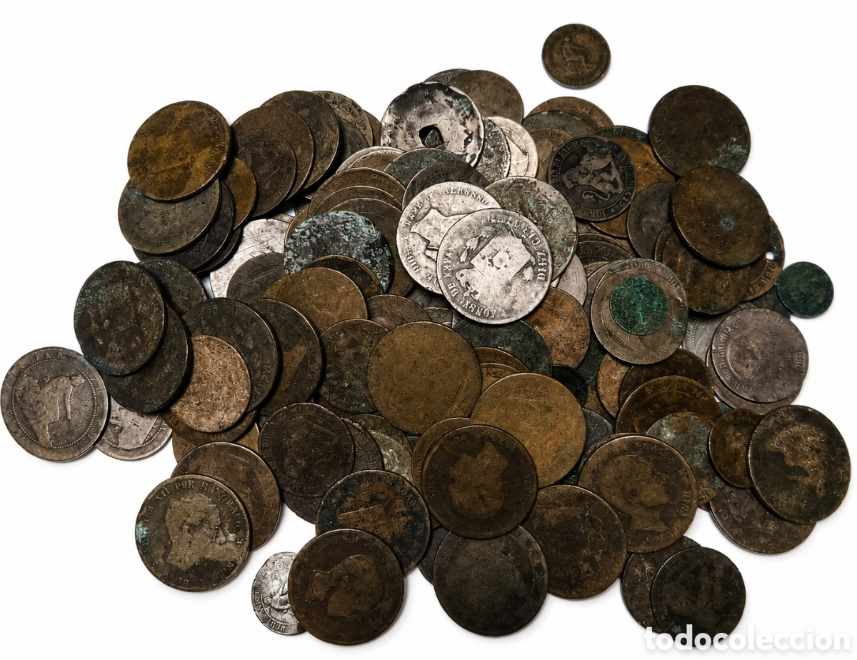 Monedas de Espa&ntilde;a: Lote de monedas antiguas de cobre &ndash; 1 kg aprox. &ndash; Espa&ntilde;a