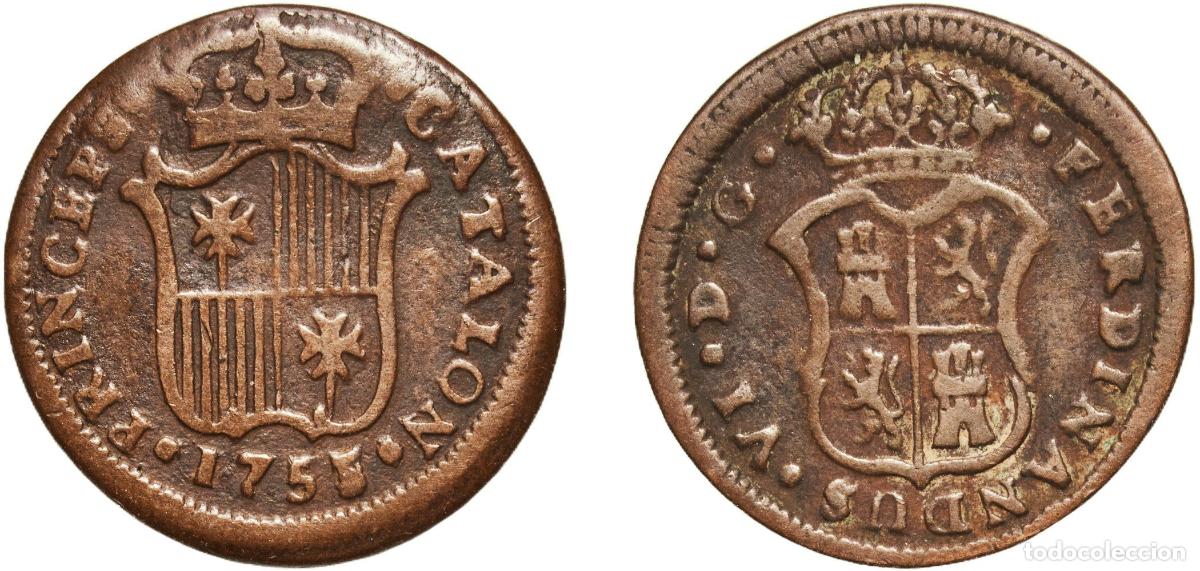 Monedas de Espa&ntilde;a: Spain Principality of Catalonia Kingdom 1755 Ardite - Fernando VI (clovers) Copper Real ingenio de