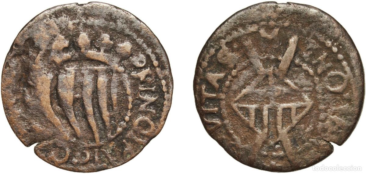 Monedas de Espa&ntilde;a: Spain Principality of Catalonia Kingdom 1642 Seiseno (Manresa,wide shield) Copper Manresa 2.81g VF