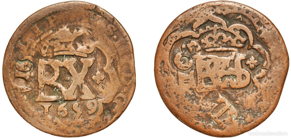 Monedas de Espa&ntilde;a: Spain Kingdom 1659 4 Maravedis - Felipe IV (countermark) Billon 5.76g VF