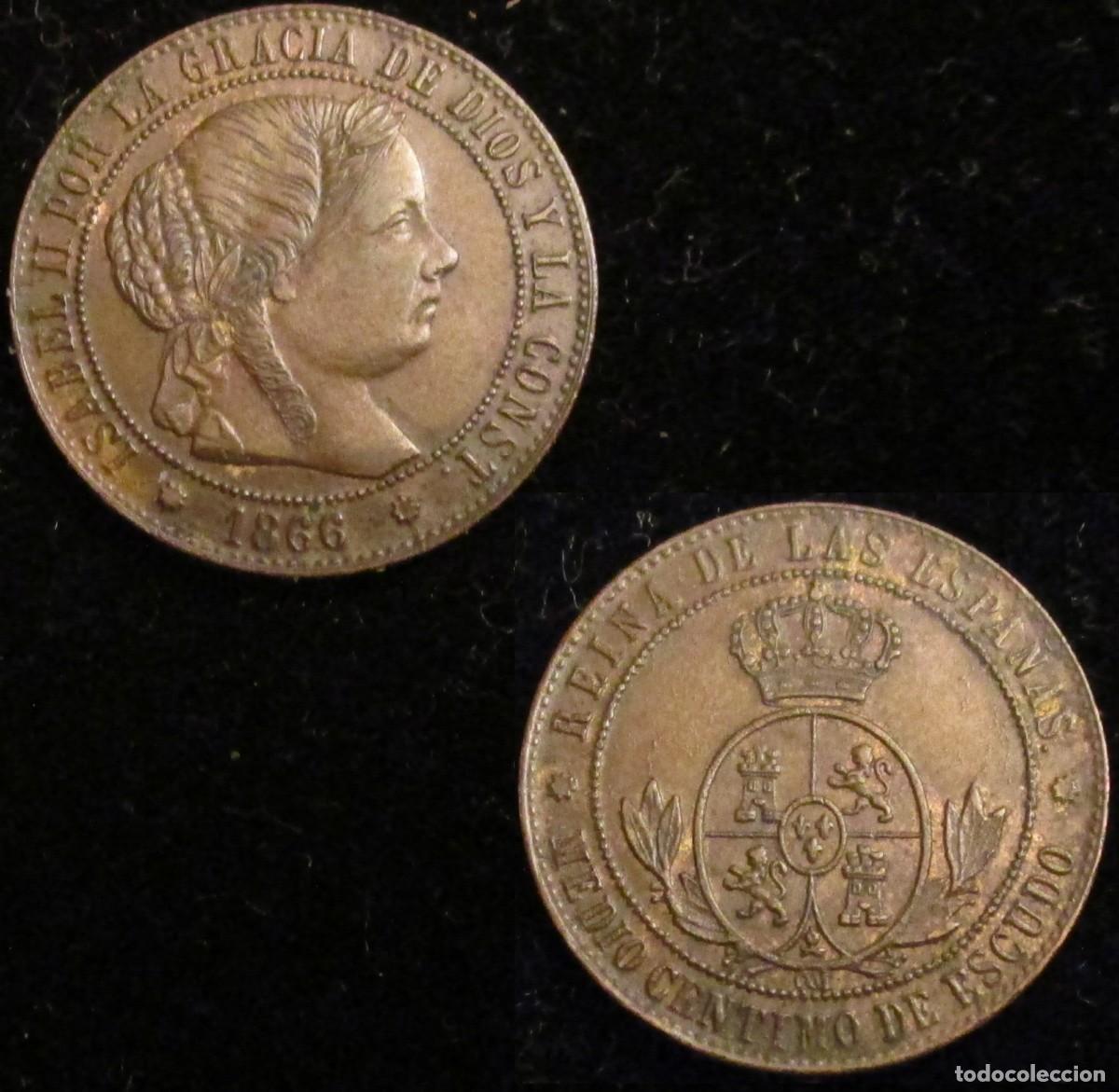 Monedas de Espa&ntilde;a: *GUTSE*819-ISABEL II, 1/2 C&Eacute;NTIMO DE ESCUDO 1866, BARCELONA OM, SIN CIRCULAR.