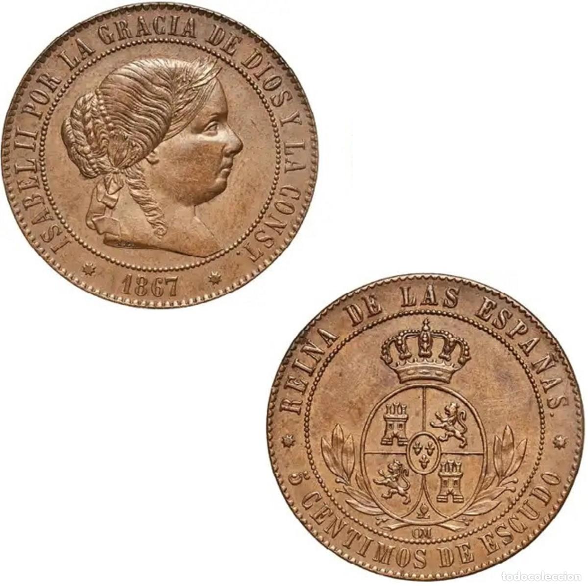 Monedas de Espa&ntilde;a: *GUTSE*824-ISABEL II, 5 C&Eacute;NTIMOS DE ESCUDO 1867, BARCELONA OM, SIN CIRCULAR.