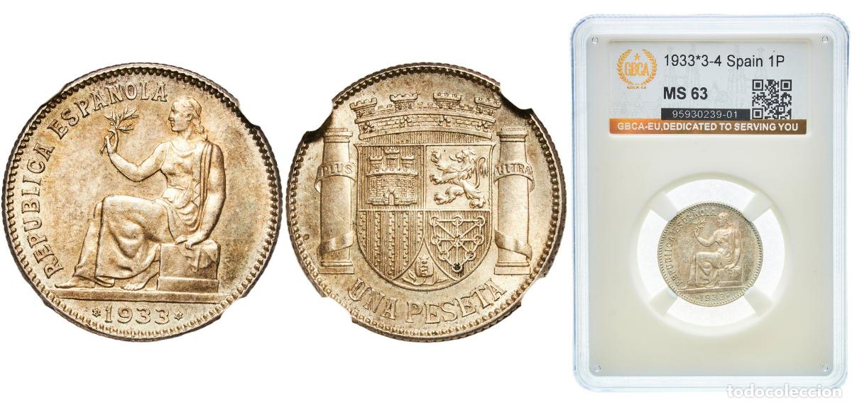 Monedas de Espa&ntilde;a: Spain Second Republic 1933 3-4 1 Peseta - II Republic Silver (.835) Madrid Mint (2000000) 5g GBCA