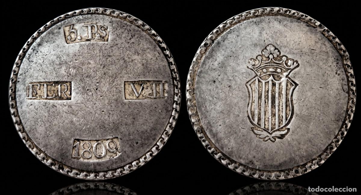 Monedas de Espa&ntilde;a: Espa&ntilde;a Fernando VII - 5 Pesetas 1809 Tarragona Km 7 Plata
