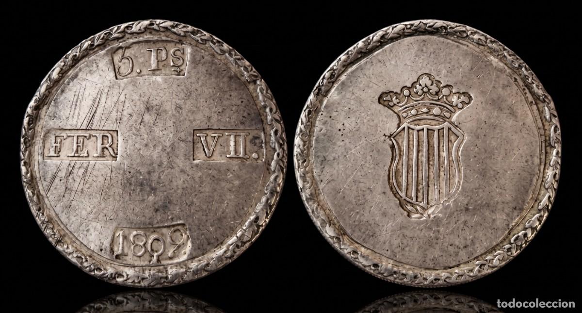 Monedas de Espa&ntilde;a: Espa&ntilde;a Fernando VII - 5 Pesetas 1809 Tarragona Km 7 Plata
