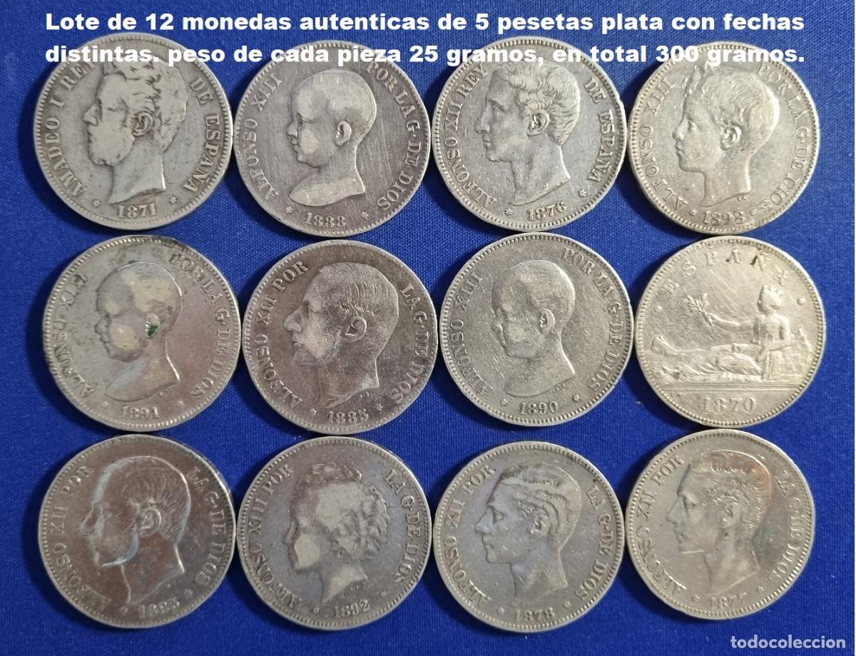 Monedas de Espa&ntilde;a: PLATA INVERSI&Oacute;N. Lote de 12 monedas PLATA de 5 Pesetas FECHAS DISTINTAS. Peso 300 gr.