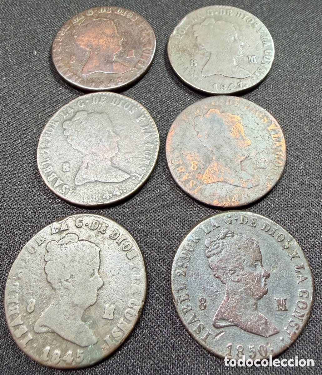 Monete da Spagna: Lote 6 monedas 8 maraved&iacute;s Isabel II Jubia.