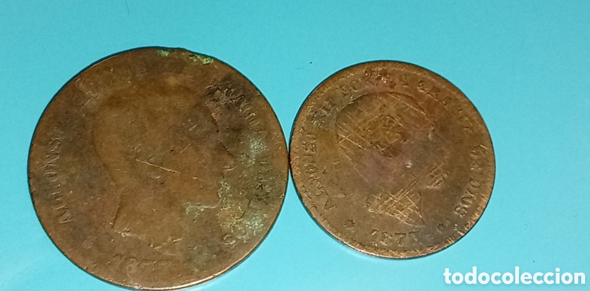 Monedas de Espa&ntilde;a: Lote 5 y 10 C&eacute;ntimos Alfonso XII (1877 y 1878/79). Perra Chica y Gorda (con grafiti &rdquo;P&rdquo;)
