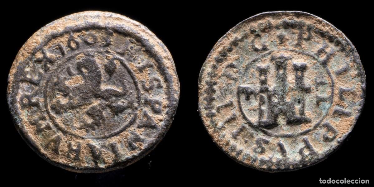 Coins of Spain: 1605, 2 Maravedis Philips III, Segovia Mint - 16 mm / 1,27 gr.