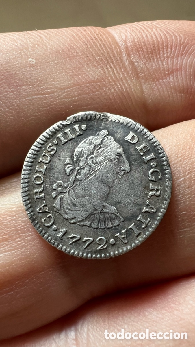 Monedas de Espa&ntilde;a: Una moneda de 1/2 medio real de 1772 de Carlos III ceca de M&eacute;jico M invertida