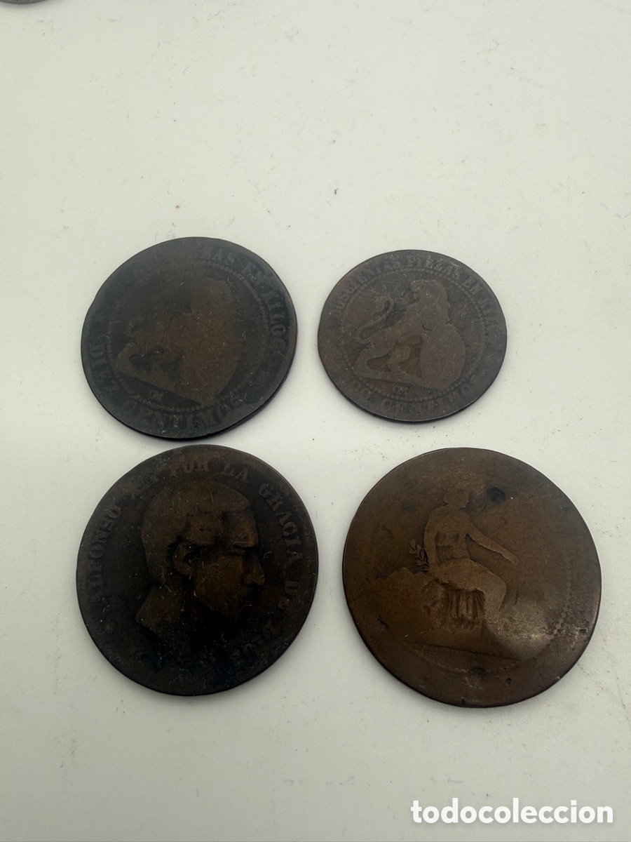 Coins of Spain: Lote de 4 antiguas monedas espa&ntilde;olas de cobre &ndash; Isabel II y Gobierno Provisional, siglo XIX