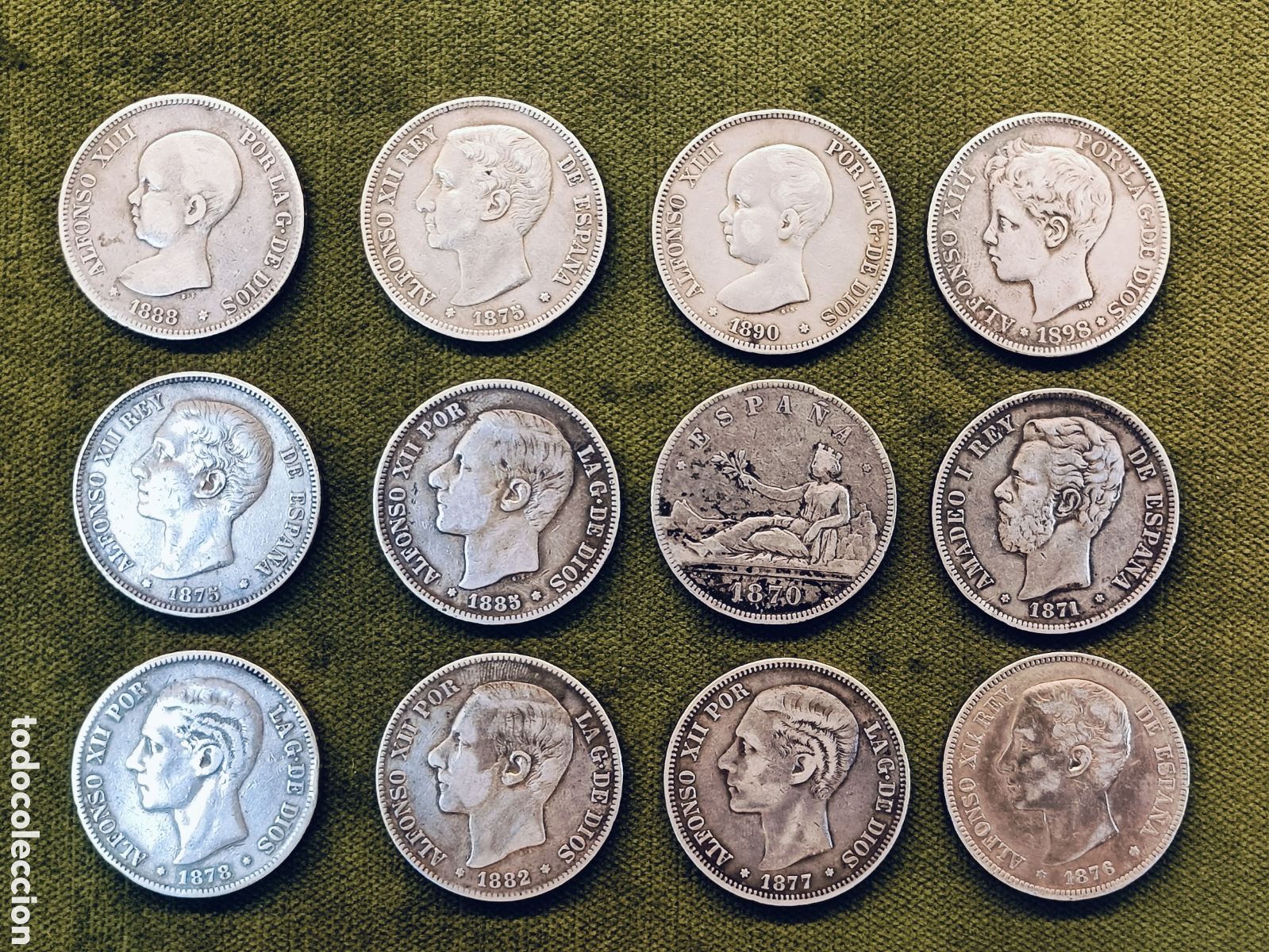Monedas de Espa&ntilde;a: LOTE DE 12 MONEDAS 5 PESETAS DE PLATA . ALFONSO XIII Y XIII, AMADEO I , GOBIERNO PROVISIONAL