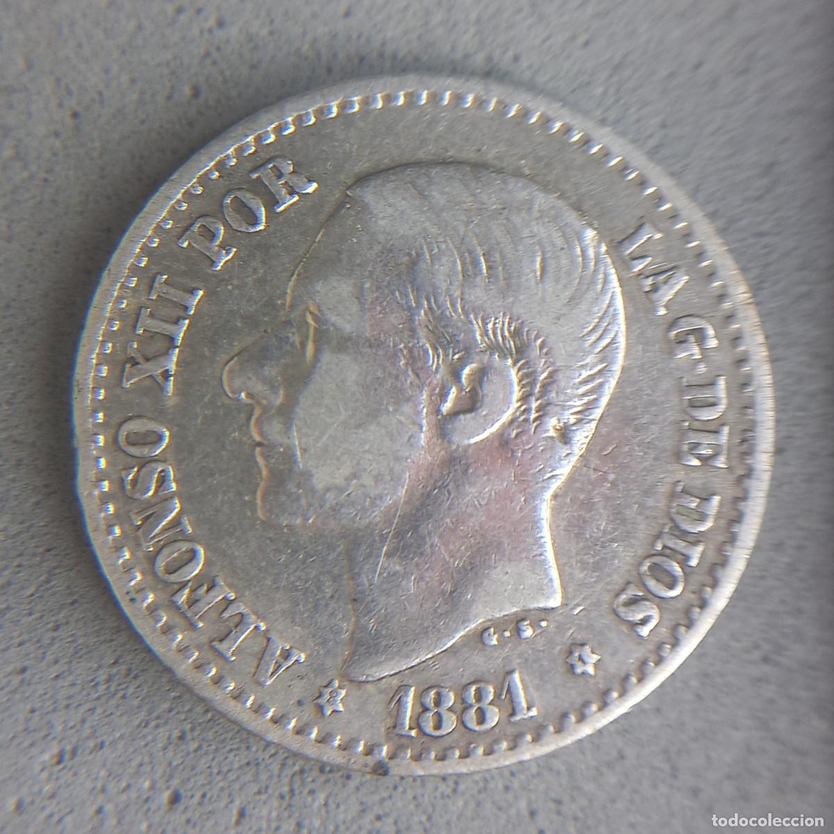 Coins of Spain: Moneda de plata. Espa&ntilde;a. 50 c&eacute;ntimos de Alfonso XII, a&ntilde;o 1881 estrellas *8* *1*