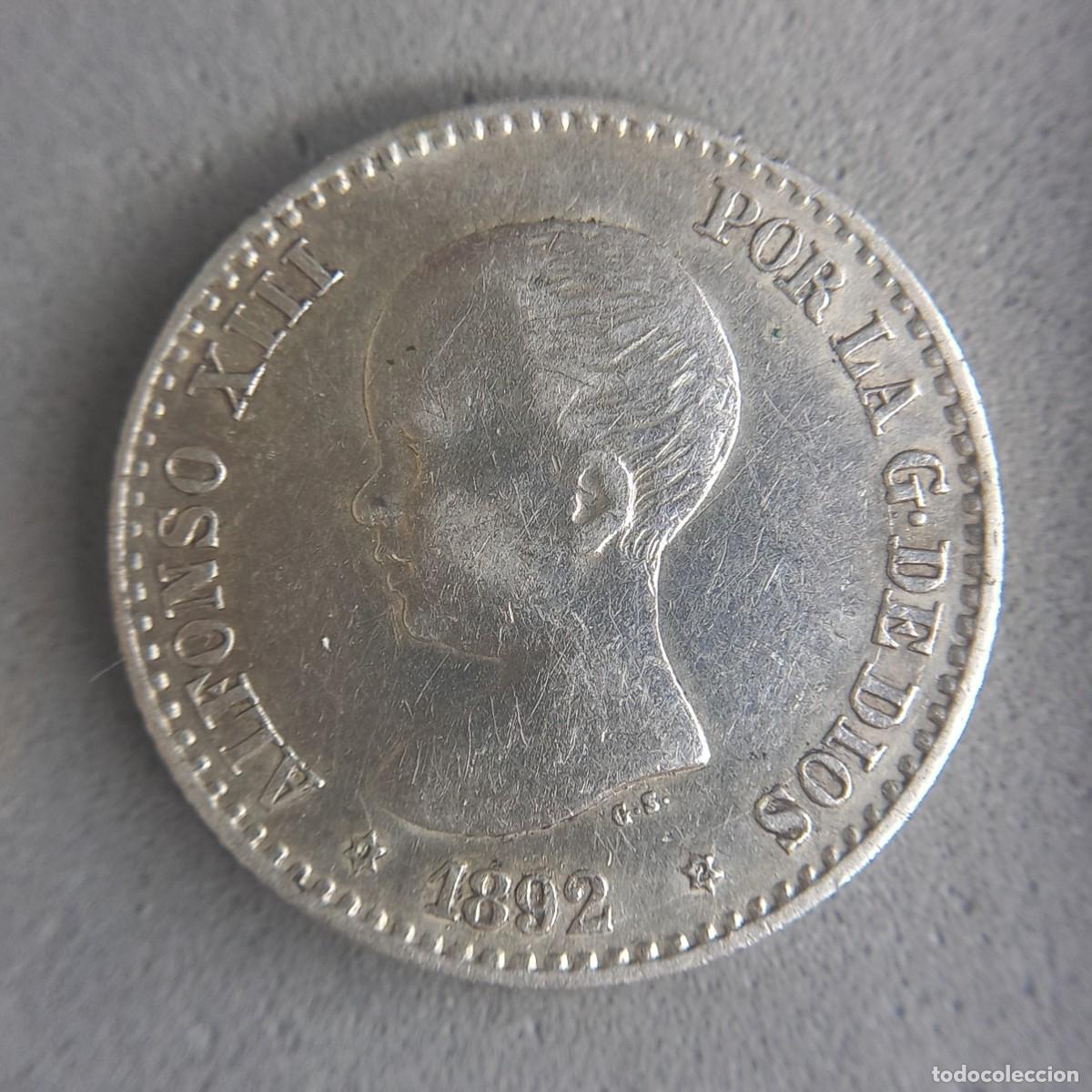 Moedas de Espanha: Moneda de plata. Espa&ntilde;a. 50 c&eacute;ntimos de Alfonso XIII, a&ntilde;o 1892 estrellas *9* *2*