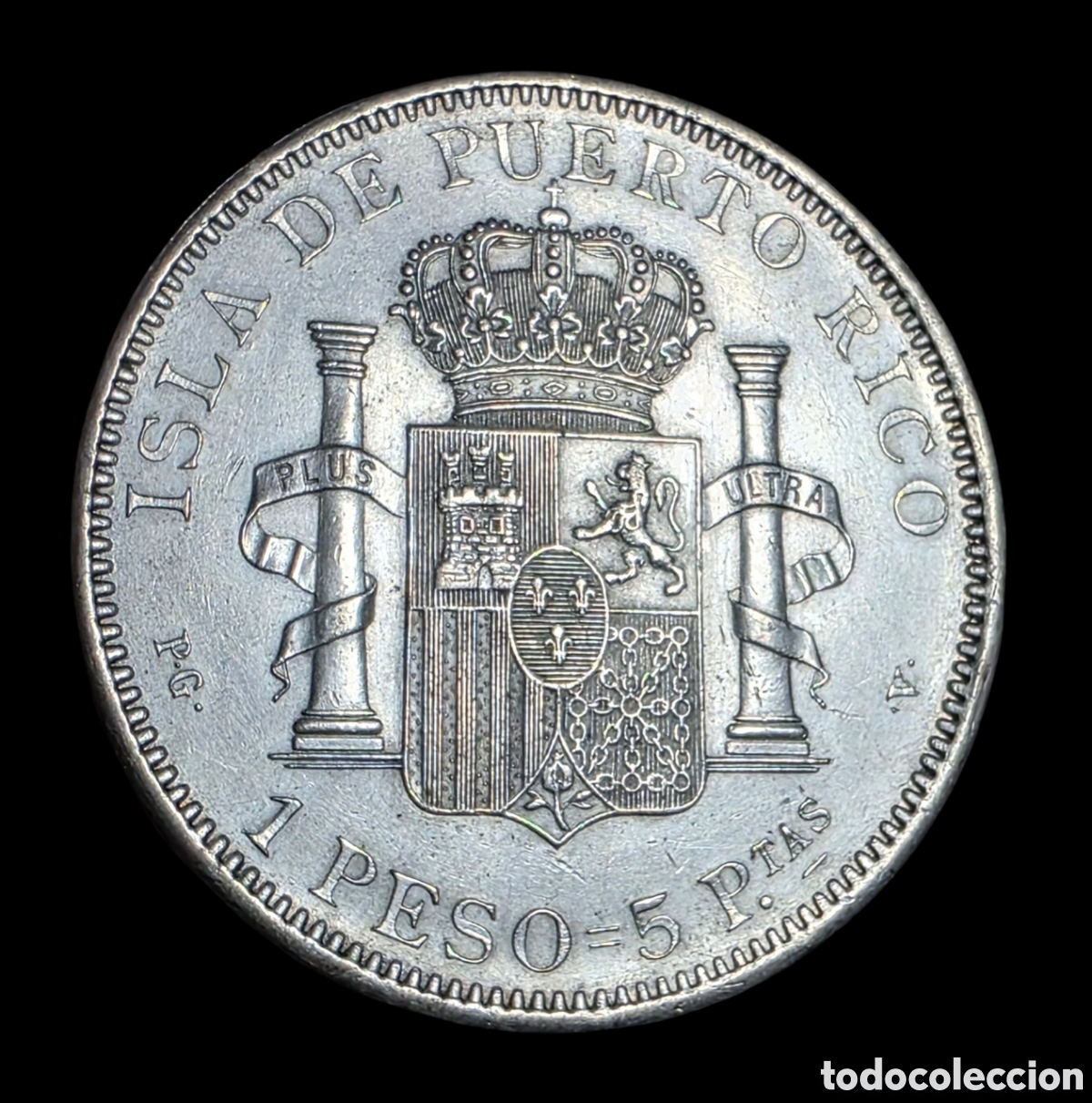 Monedas de Espa&ntilde;a: 1 peso=5 ptas. Moneda de 1 peso = 5 pesetas de 1895 Puerto Rico