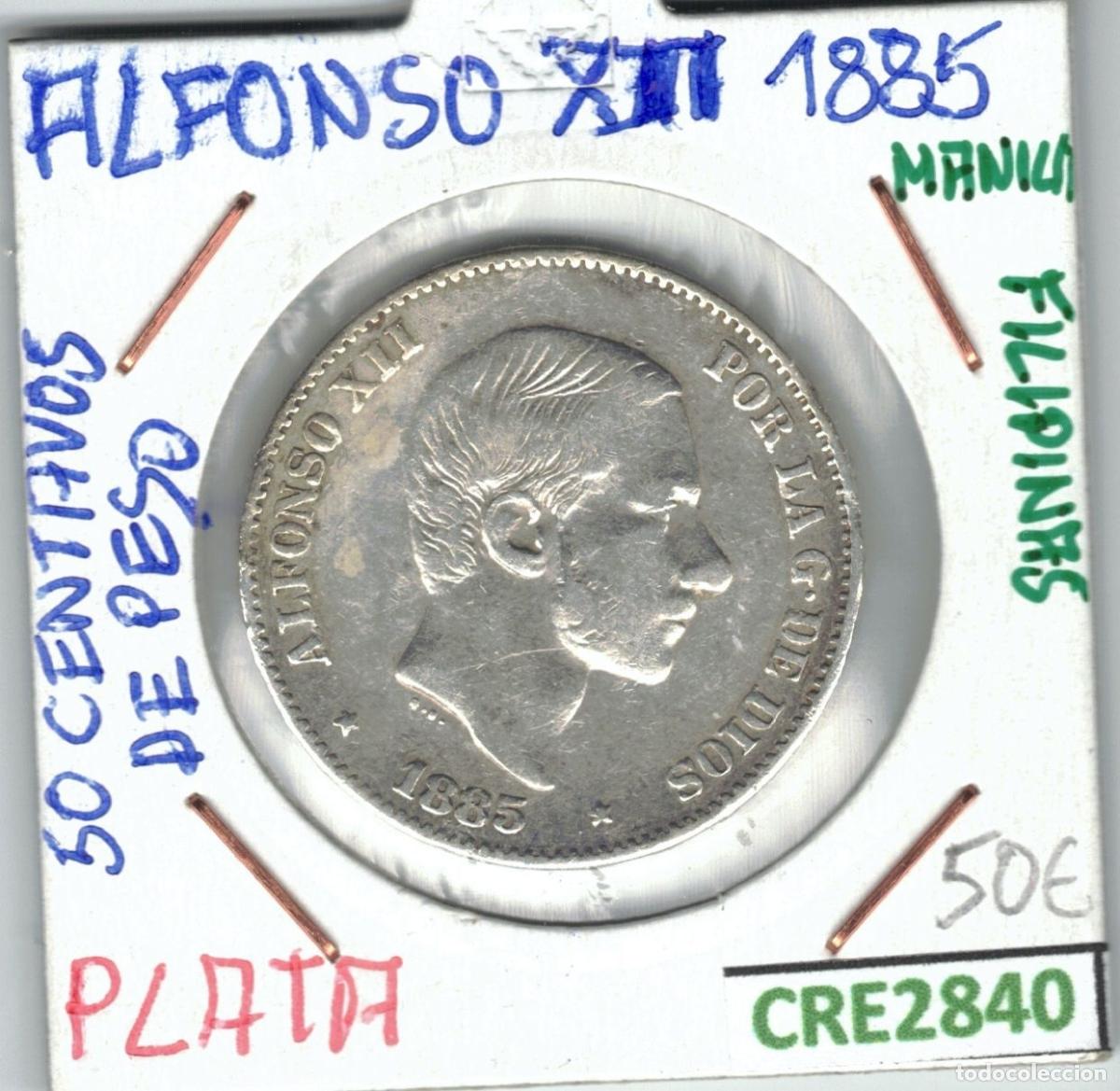 Coins of Spain: CRE2840 MONEDA 50Cs DE PESO ALFONSO XII PLATA 1885 (Manila-Filipinas)