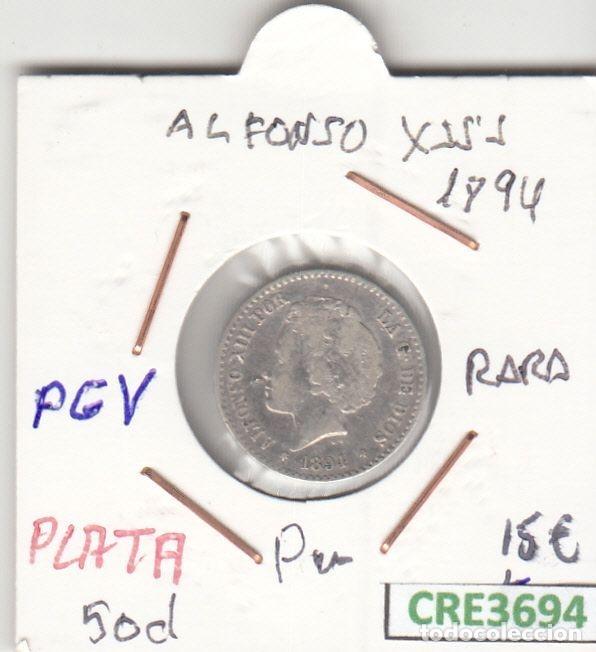 Coins of Spain: CRE3694 MONEDA ESPA&Ntilde;A 50 CENTIMOS ALFONSO XIII 1894 PGV PLATA RARA