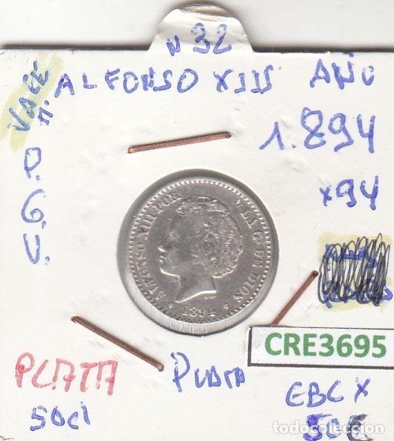 Coins of Spain: CRE3695 MONEDA ESPA&Ntilde;A 50 CENTIMOS ALFONSO XIII 1894 *94 PGV PLATA EBC