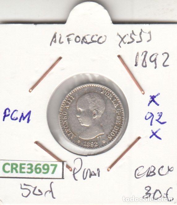 Coins of Spain: CRE3697 MONEDA ESPA&Ntilde;A 50 CENTIMOS ALFONSO XIII 1892 *92 PGM PLATA EBC