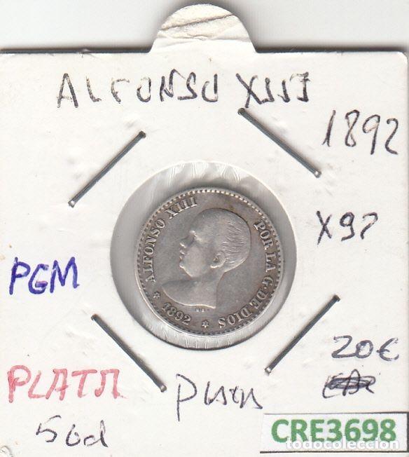 Coins of Spain: CRE3698 MONEDA ESPA&Ntilde;A 50 CENTIMOS ALFONSO XIII 1892 *92 PGM PLATA