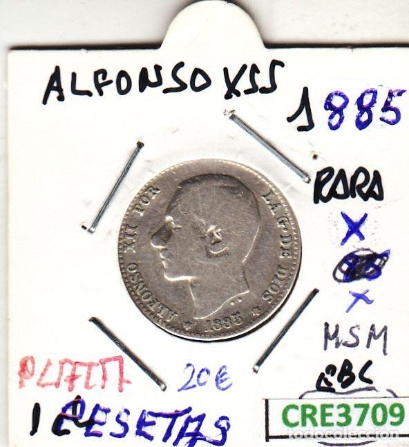 Coins of Spain: CRE3709 MONEDA ESPA&Ntilde;A 1 PESETA ALFONSO XII 1885 MSM PLATA BC RARA