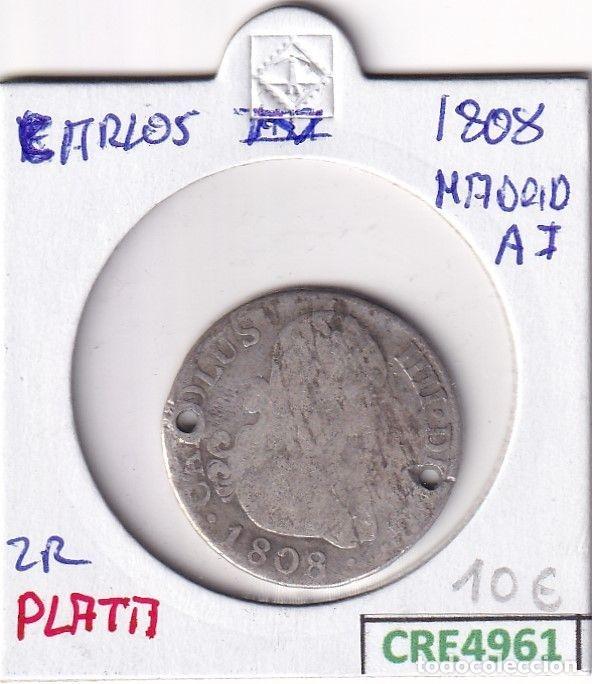 Coins of Spain: CRE4961 MONEDA ESPA&Ntilde;A CARLOS IV 2 REALES 1808 MADRID AI AGUJEROS PLATA