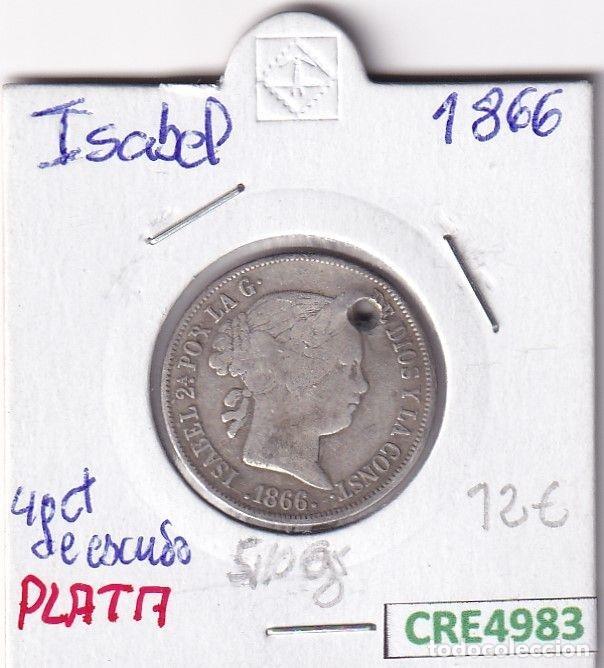 Coins of Spain: CRE4983 MONEDA ESPA&Ntilde;A ISABEL II 40 CENT ESCUDOS 1866 AGUJERO PLATA