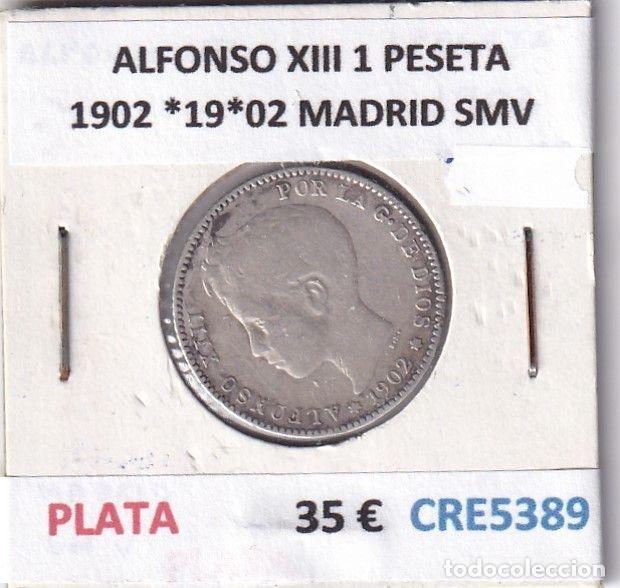Monete da Spagna: CRE5389 MONEDA ESPA&Ntilde;A ALFONSO XIII 1 PESETA 1902 *19*02 MADRID SMV PLATA
