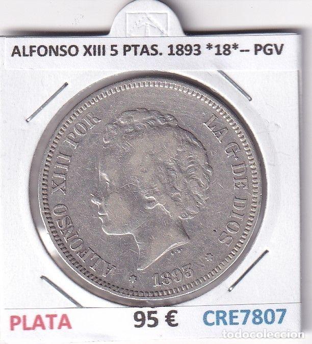Monnaies d'Espagne: CRE7807 MONEDA ESPA&Ntilde;A ALFONSO XIII 5 PESETAS 1893 *18*-- PGV PLATA